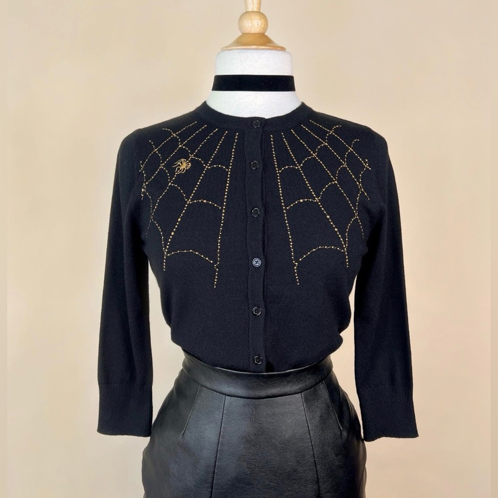 Black Spider Web Cardigan w/ White dickie Collar MEDIUM Mischief Made